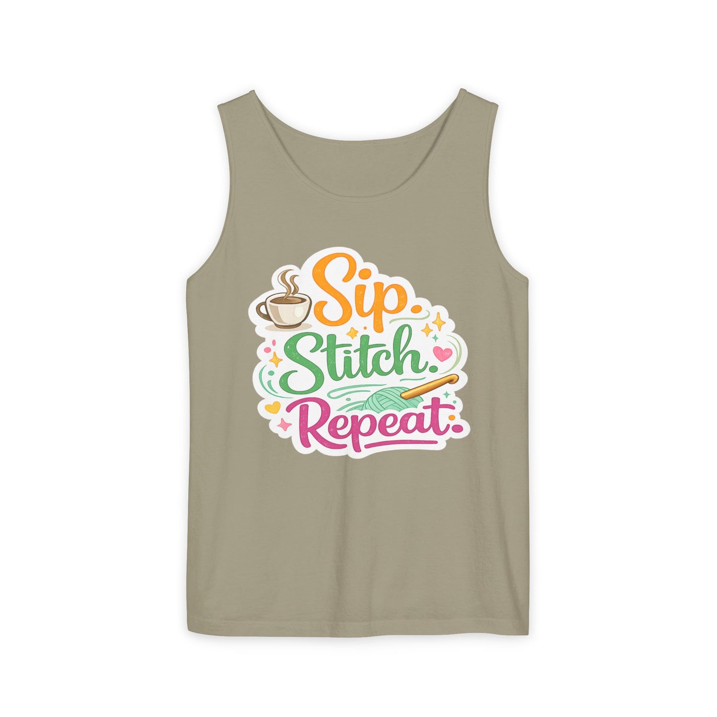 Sip. Stitch. Repeat.™ Tank Top – Crochet & Knitting Tank | Coffee Lover Craft Shirt