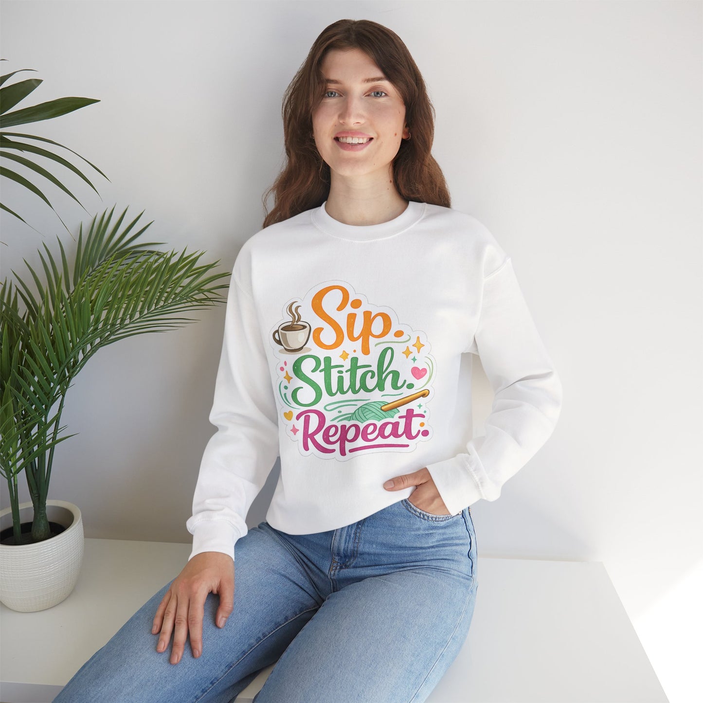 Sip. Stitch. Repeat.™ Sweatshirt — Cozy Maker Crewneck