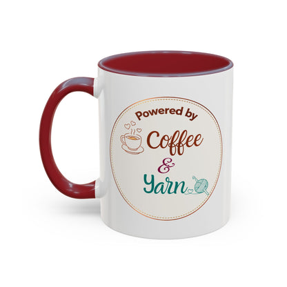 Right-Handed “Powered by Coffee & Yarn” Accent Mug – Crochet & Knitting Lover Coffee Cup, Crafter Gift, Dishwasher & Microwave Safe Ceramic Mug (11oz, 15oz)