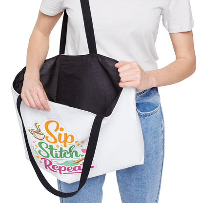 Sip. Stitch. Repeat™ Weekender Tote Bag – Crochet & Knitting Project Bag for Yarn, Craft Supplies, Coffee Lover Gift | Brewed & Hooked