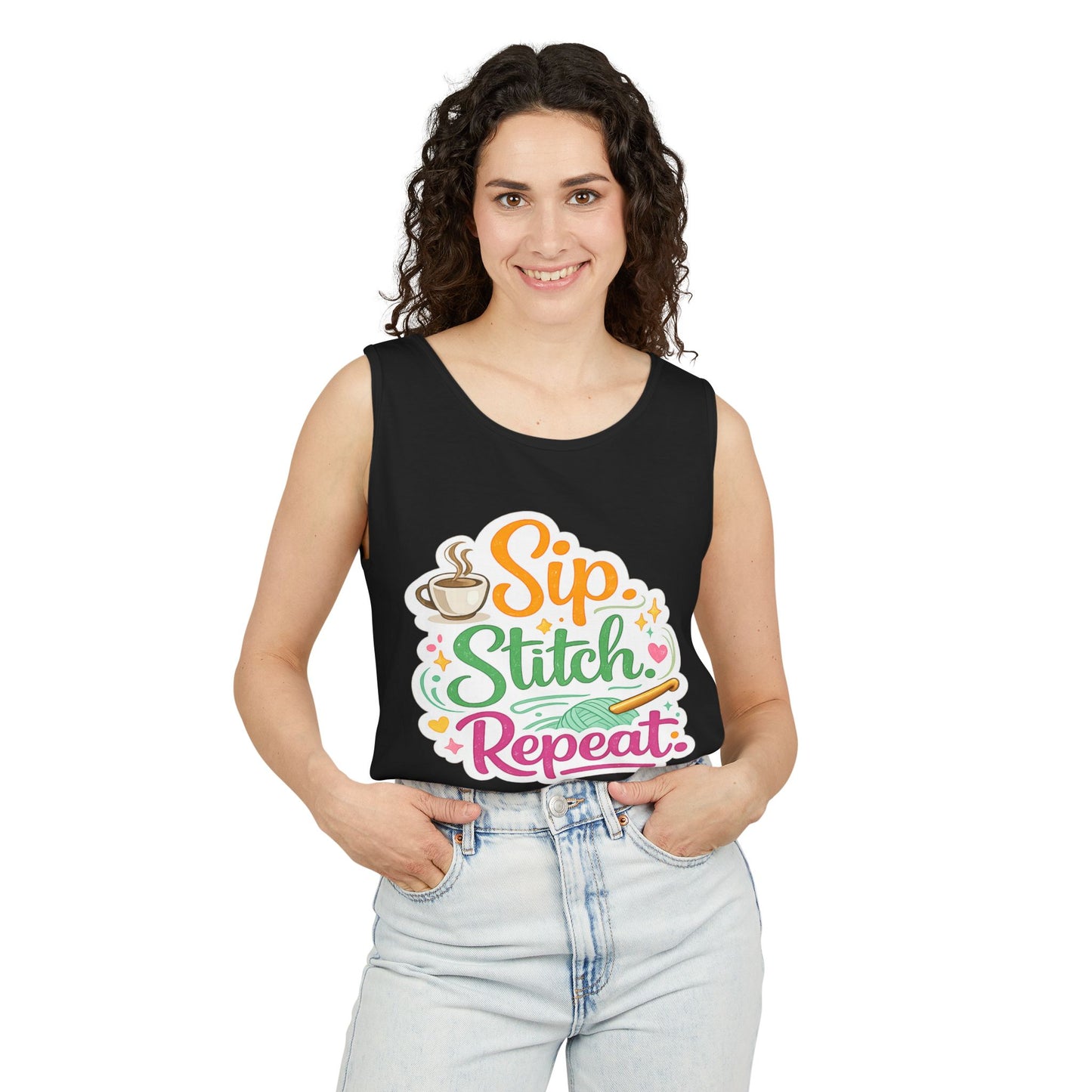Sip. Stitch. Repeat.™ Tank Top – Crochet & Knitting Tank | Coffee Lover Craft Shirt