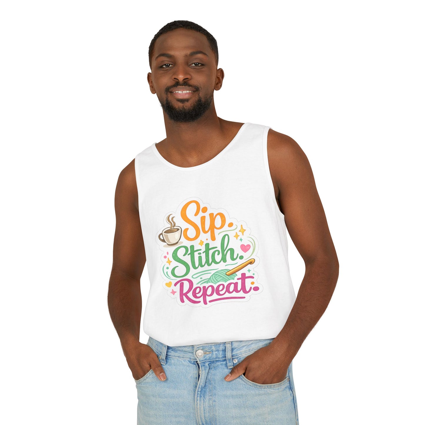 Sip. Stitch. Repeat.™ Tank Top – Crochet & Knitting Tank | Coffee Lover Craft Shirt