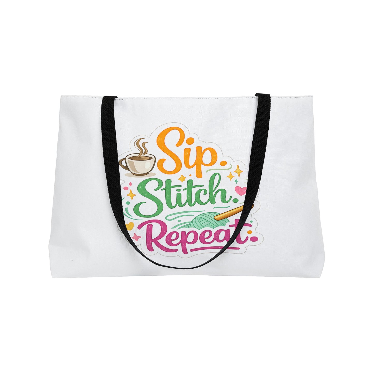 Sip. Stitch. Repeat™ Weekender Tote Bag – Crochet & Knitting Project Bag for Yarn, Craft Supplies, Coffee Lover Gift | Brewed & Hooked