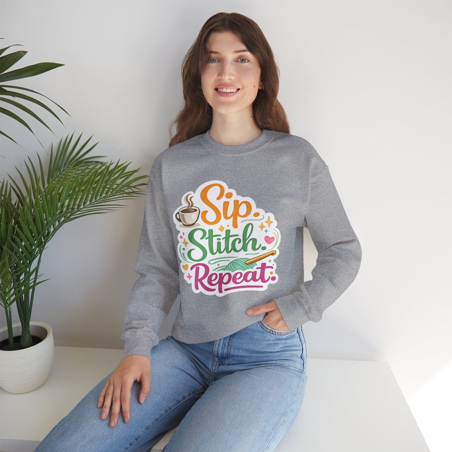 Sip. Stitch. Repeat.™ Sweatshirt — Cozy Maker Crewneck