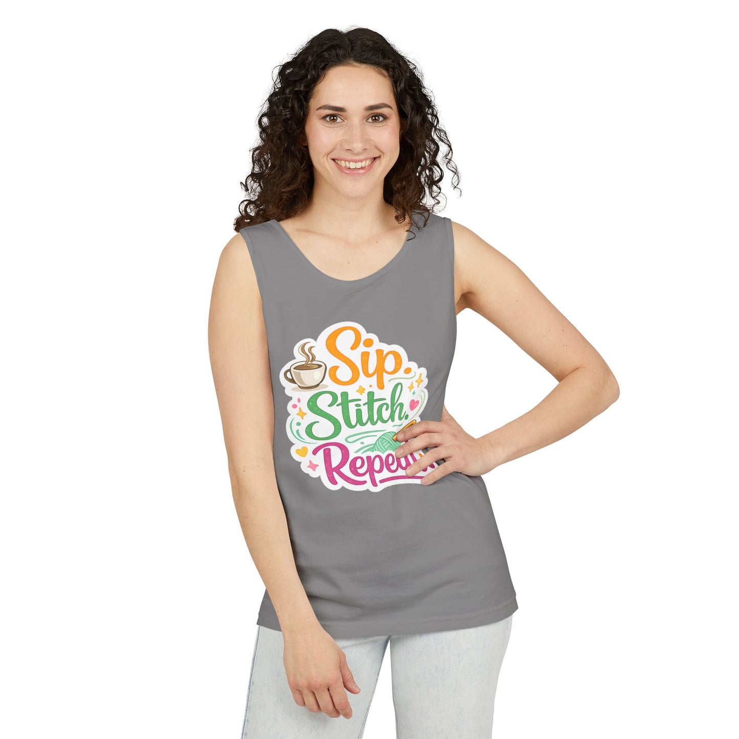 Sip. Stitch. Repeat.™ Tank Top – Crochet & Knitting Tank | Coffee Lover Craft Shirt