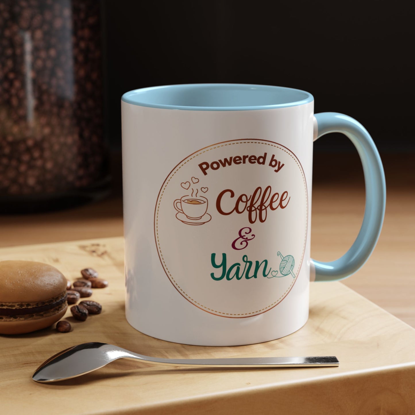 Left-Handed Coffee & Yarn Mug – “Powered by Coffee & Yarn” Accent Ceramic Mug for Crocheters & Knitters (11oz / 15oz)