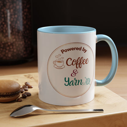 Left-Handed Coffee & Yarn Mug – “Powered by Coffee & Yarn” Accent Ceramic Mug for Crocheters & Knitters (11oz / 15oz)