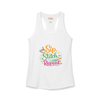 Sip. Stitch. Repeat.™ Racerback Tank – Crochet Lover Coffee Craft Tank Top | Cozy Yarn Lover Gift