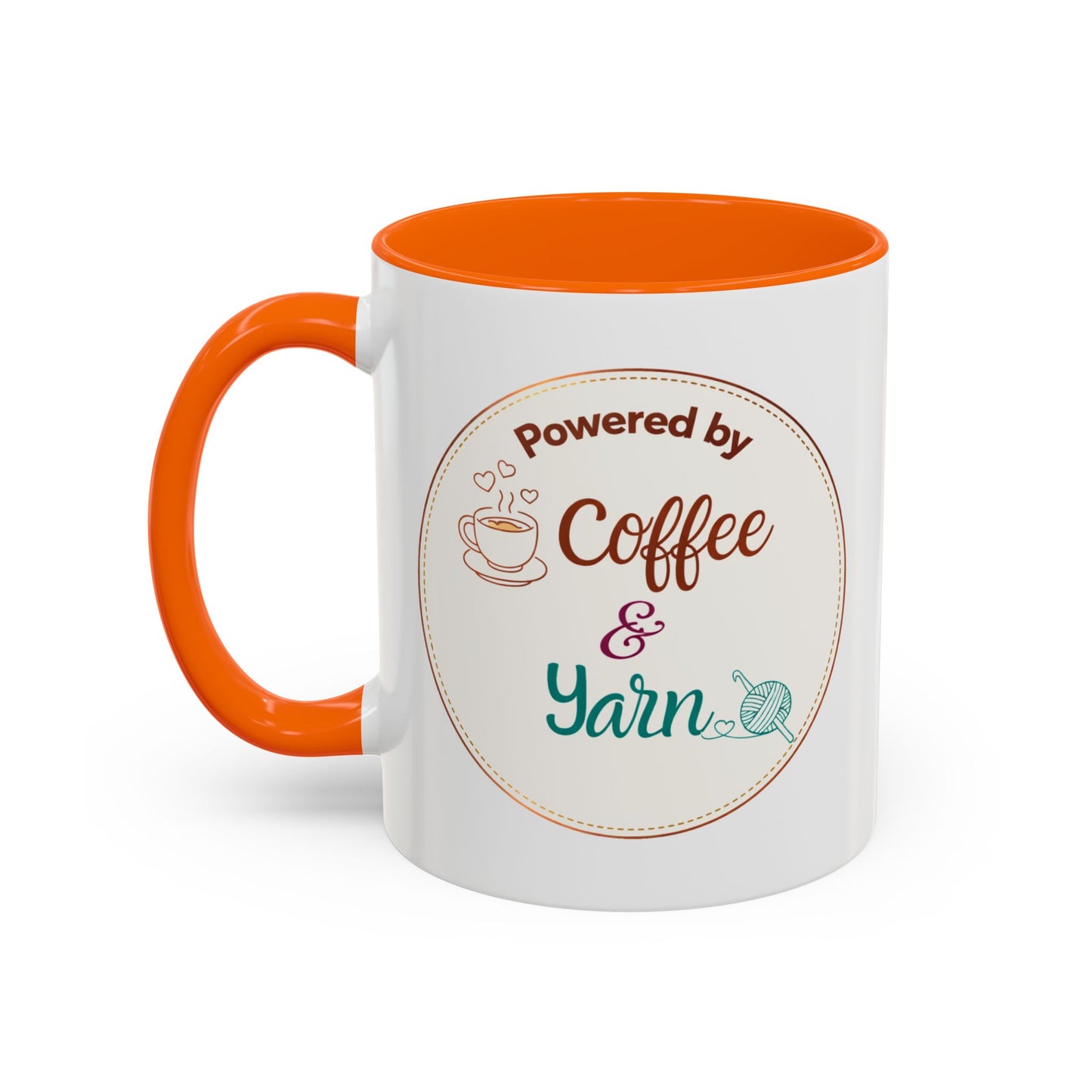 Right-Handed “Powered by Coffee & Yarn” Accent Mug – Crochet & Knitting Lover Coffee Cup, Crafter Gift, Dishwasher & Microwave Safe Ceramic Mug (11oz, 15oz)