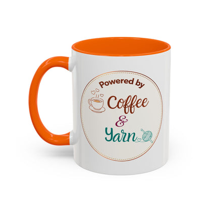 Right-Handed “Powered by Coffee & Yarn” Accent Mug – Crochet & Knitting Lover Coffee Cup, Crafter Gift, Dishwasher & Microwave Safe Ceramic Mug (11oz, 15oz)