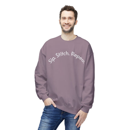 Sip Stitch Repeat™ Crochet & Knitting Sweatshirt – Brewed & Hooked Cozy Crewneck for Yarn Lovers, Coffee & Crochet Gift