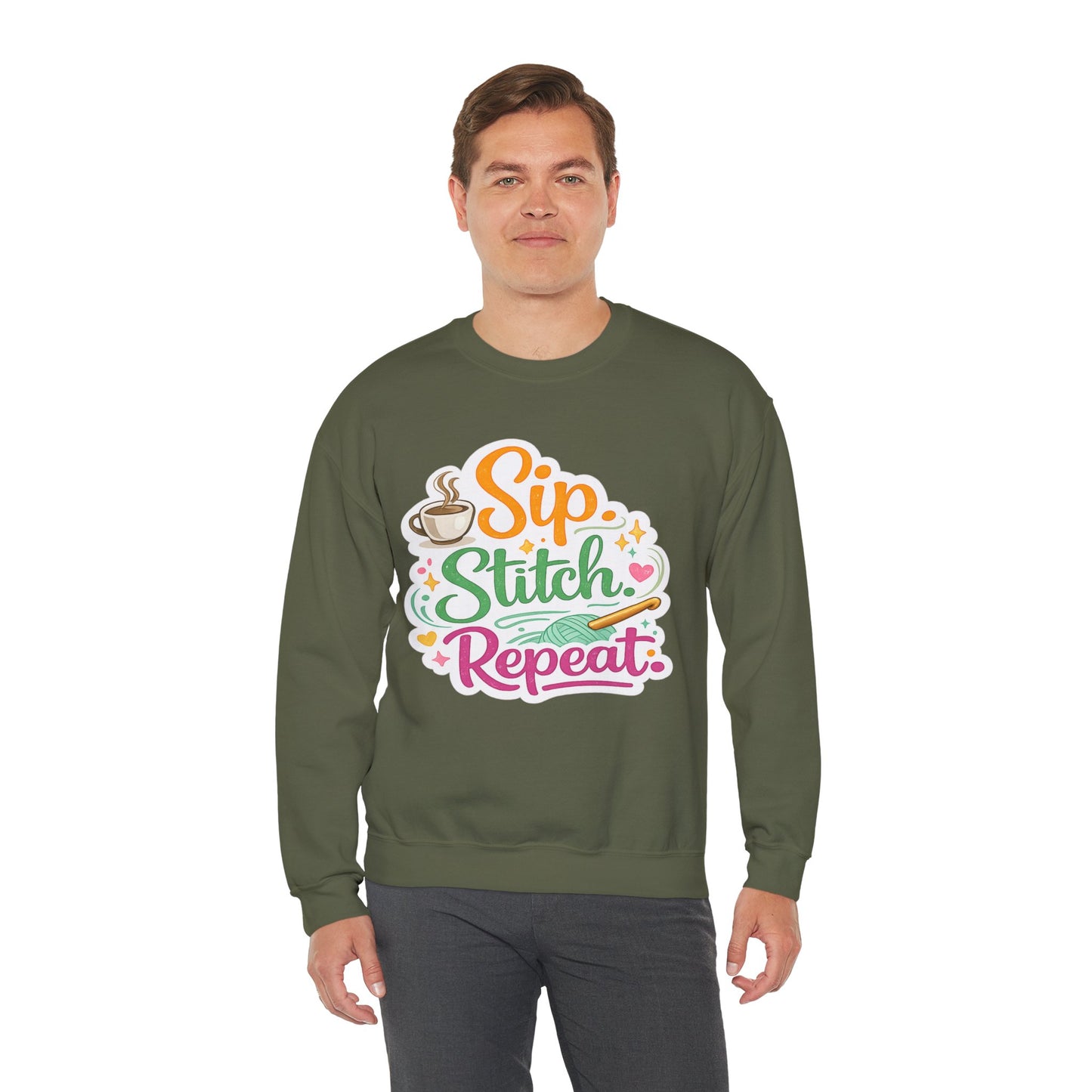 Sip. Stitch. Repeat.™ Sweatshirt — Cozy Maker Crewneck