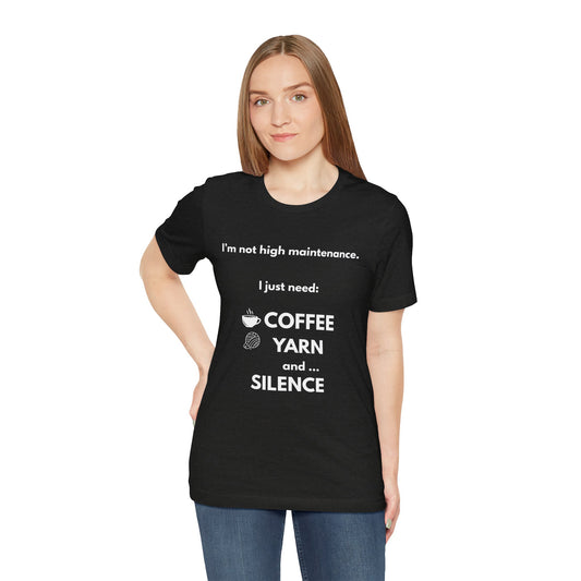 Coffee, Yarn & Silence Tee (Dark Color Version) — Funny Crochet & Knitting Shirt for Makers | Cozy Crafter Gift