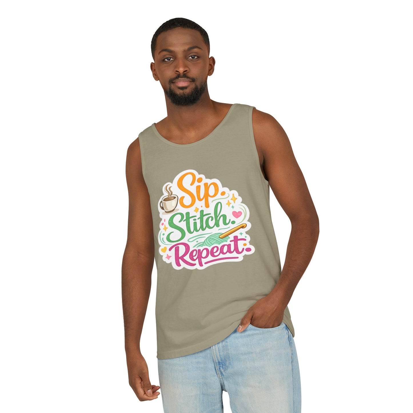 Sip. Stitch. Repeat.™ Tank Top – Crochet & Knitting Tank | Coffee Lover Craft Shirt