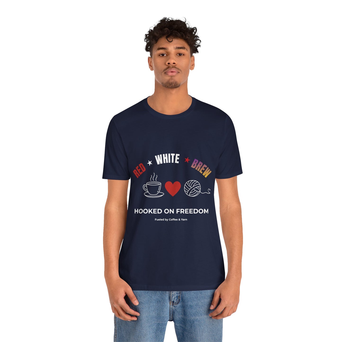 Red White Brew Tee | Hooked on Freedom Coffee & Yarn Shirt | Patriotic Crochet Lover T-Shirt | 4th of July Crafting Tee