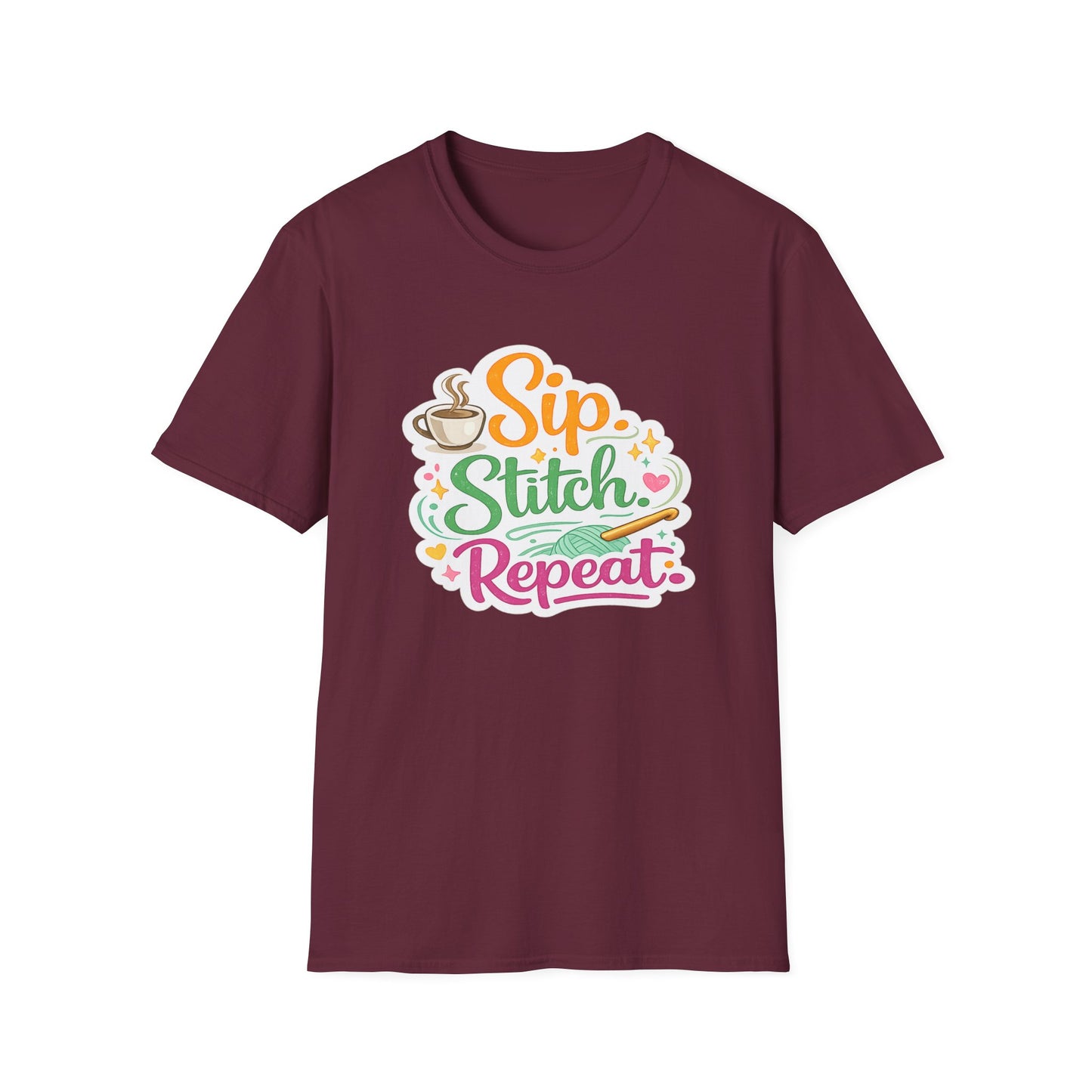 Sip. Stitch. Repeat.™ T-Shirt — Cute Crochet Knitting Crafter Tee
