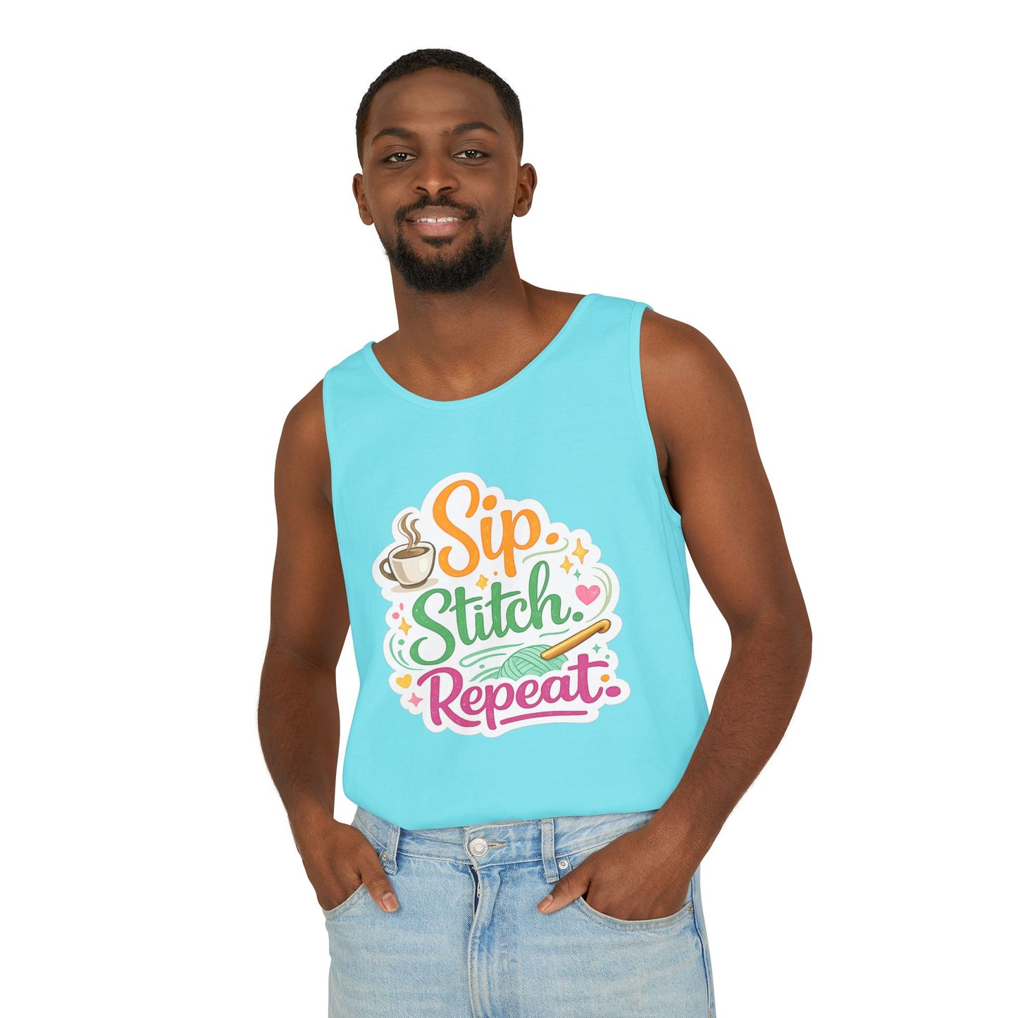 Sip. Stitch. Repeat.™ Tank Top – Crochet & Knitting Tank | Coffee Lover Craft Shirt