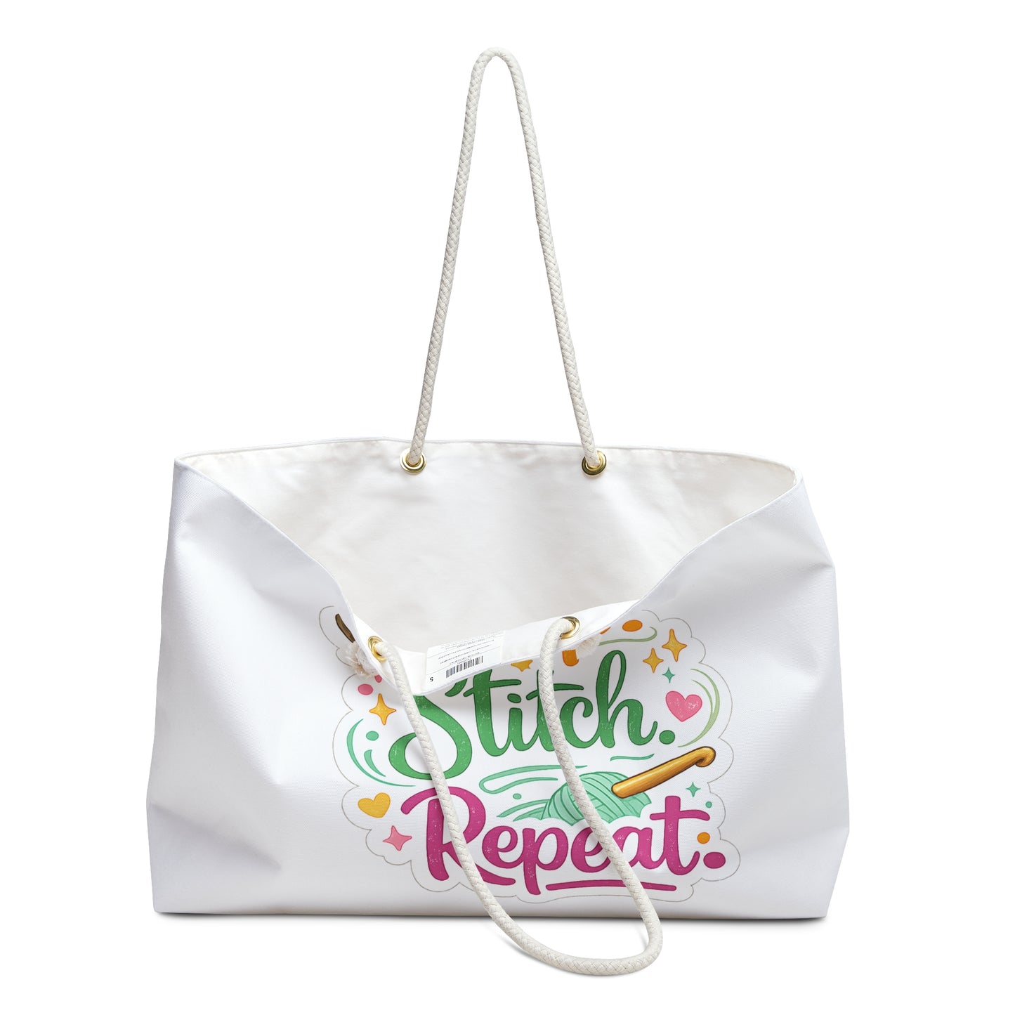 Crochet & Knitting Project Weekender Bag – “Sip. Stitch. Repeat.” Yarn Tote with Brewed & Hooked Design | Large Craft Project Travel Bag