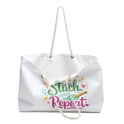 Crochet & Knitting Project Weekender Bag – “Sip. Stitch. Repeat.” Yarn Tote with Brewed & Hooked Design | Large Craft Project Travel Bag