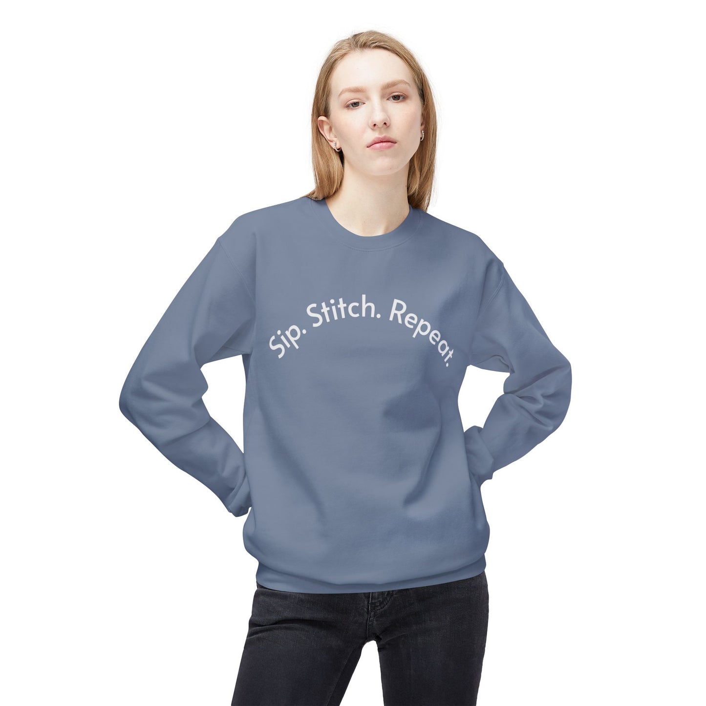 Sip Stitch Repeat™ Crochet & Knitting Sweatshirt – Brewed & Hooked Cozy Crewneck for Yarn Lovers, Coffee & Crochet Gift