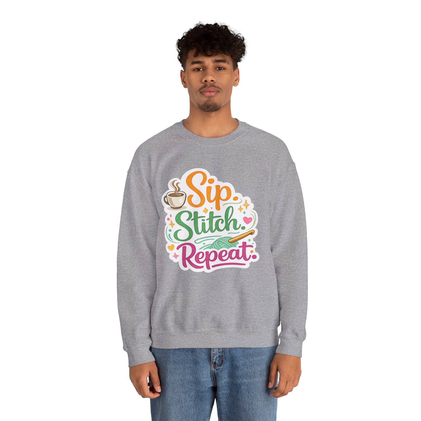 Sip. Stitch. Repeat.™ Sweatshirt — Cozy Maker Crewneck