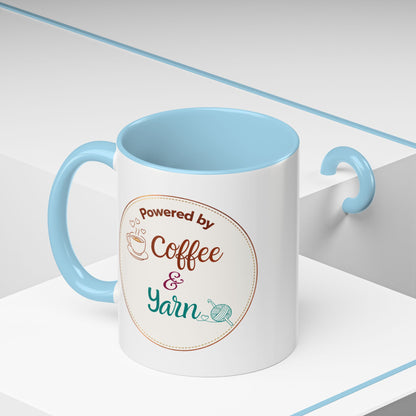 Right-Handed “Powered by Coffee & Yarn” Accent Mug – Crochet & Knitting Lover Coffee Cup, Crafter Gift, Dishwasher & Microwave Safe Ceramic Mug (11oz, 15oz)