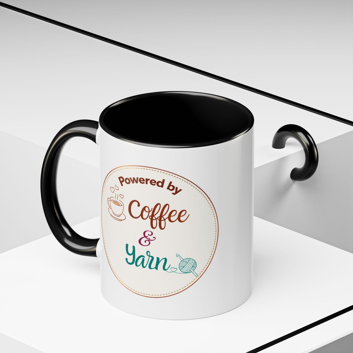 Right-Handed “Powered by Coffee & Yarn” Accent Mug – Crochet & Knitting Lover Coffee Cup, Crafter Gift, Dishwasher & Microwave Safe Ceramic Mug (11oz, 15oz)