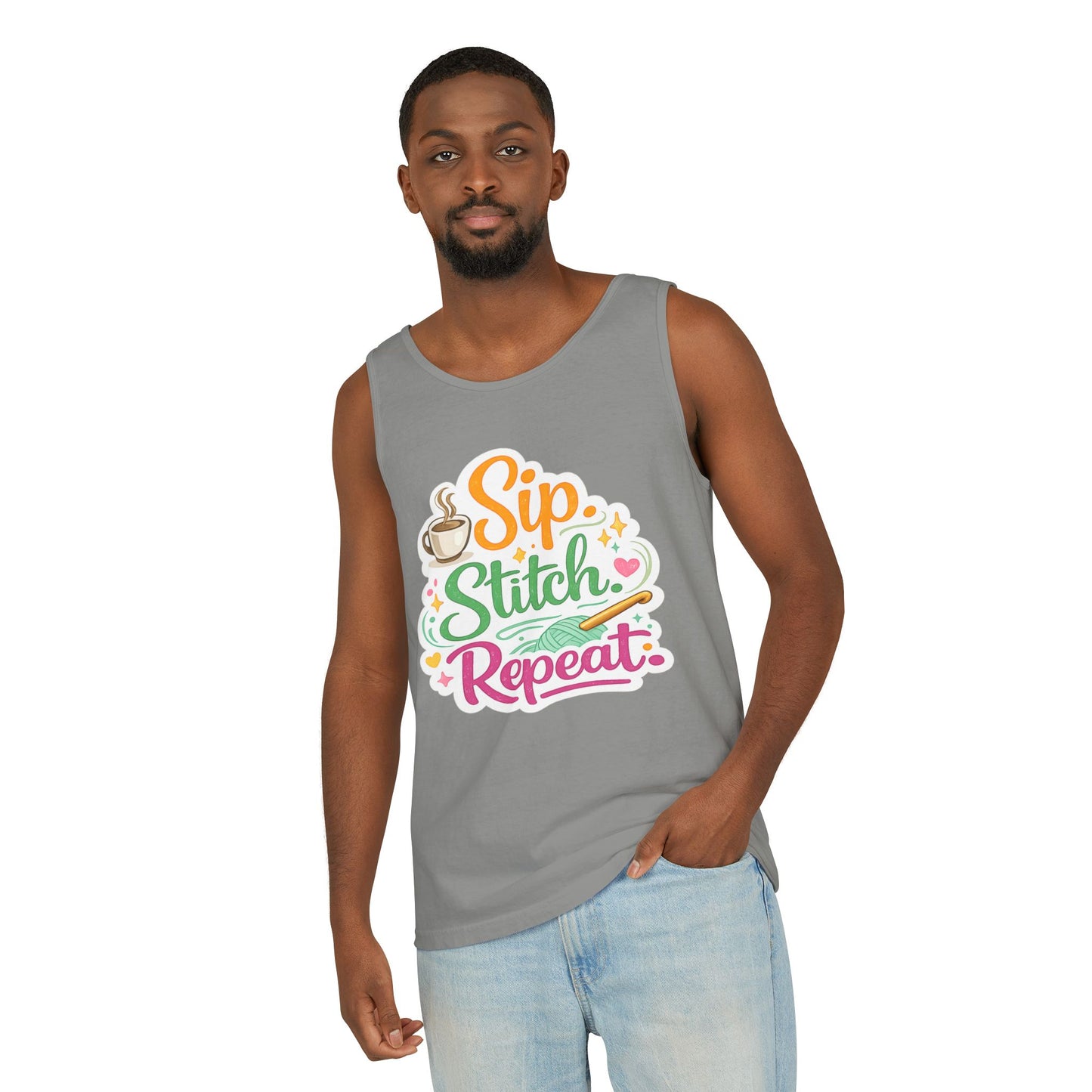 Sip. Stitch. Repeat.™ Tank Top – Crochet & Knitting Tank | Coffee Lover Craft Shirt