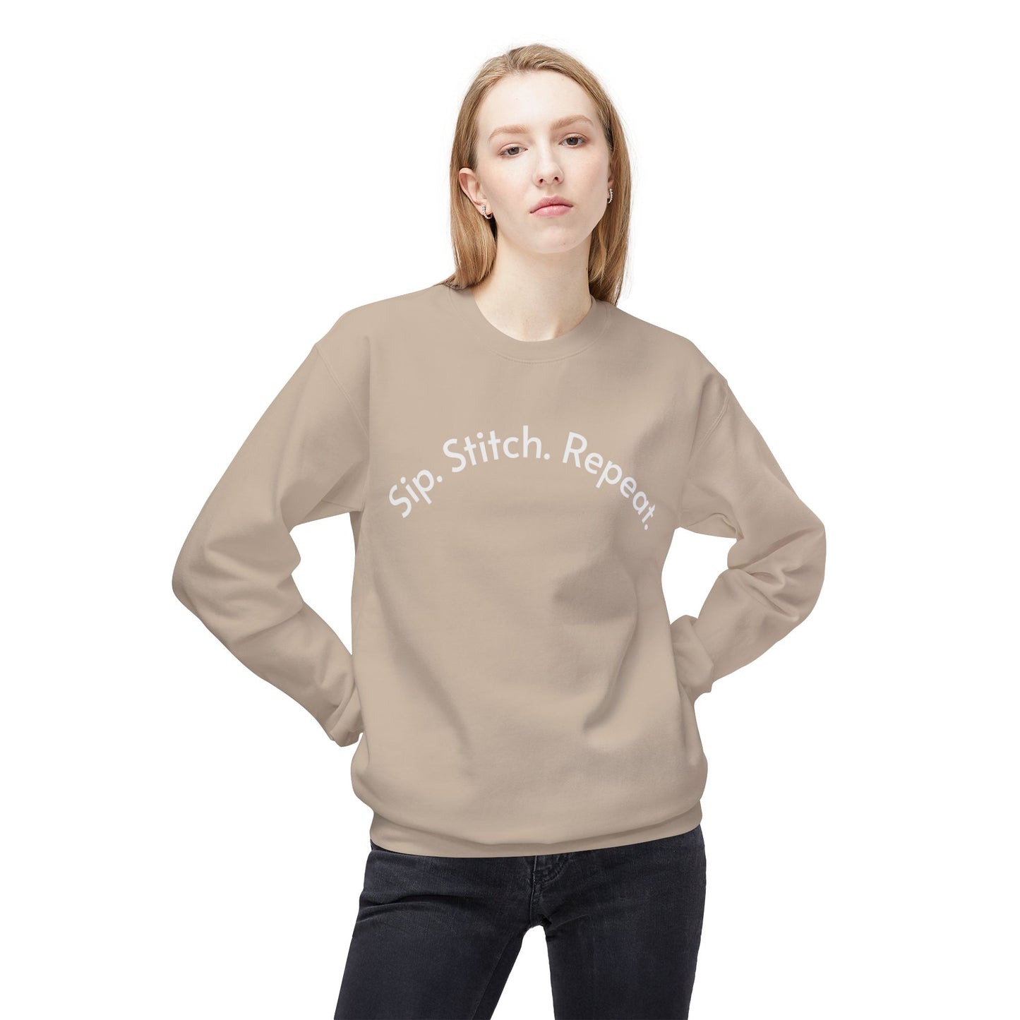 Sip Stitch Repeat™ Crochet & Knitting Sweatshirt – Brewed & Hooked Cozy Crewneck for Yarn Lovers, Coffee & Crochet Gift