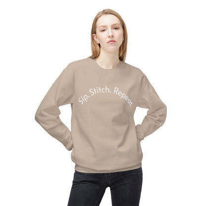 Sip Stitch Repeat™ Crochet & Knitting Sweatshirt – Brewed & Hooked Cozy Crewneck for Yarn Lovers, Coffee & Crochet Gift