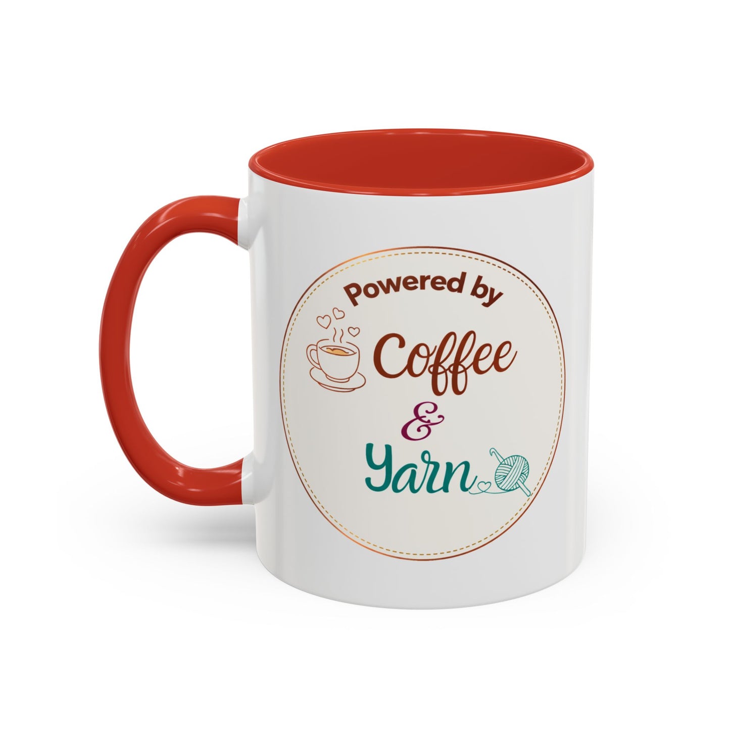 Right-Handed “Powered by Coffee & Yarn” Accent Mug – Crochet & Knitting Lover Coffee Cup, Crafter Gift, Dishwasher & Microwave Safe Ceramic Mug (11oz, 15oz)