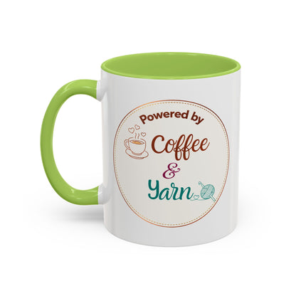 Right-Handed “Powered by Coffee & Yarn” Accent Mug – Crochet & Knitting Lover Coffee Cup, Crafter Gift, Dishwasher & Microwave Safe Ceramic Mug (11oz, 15oz)