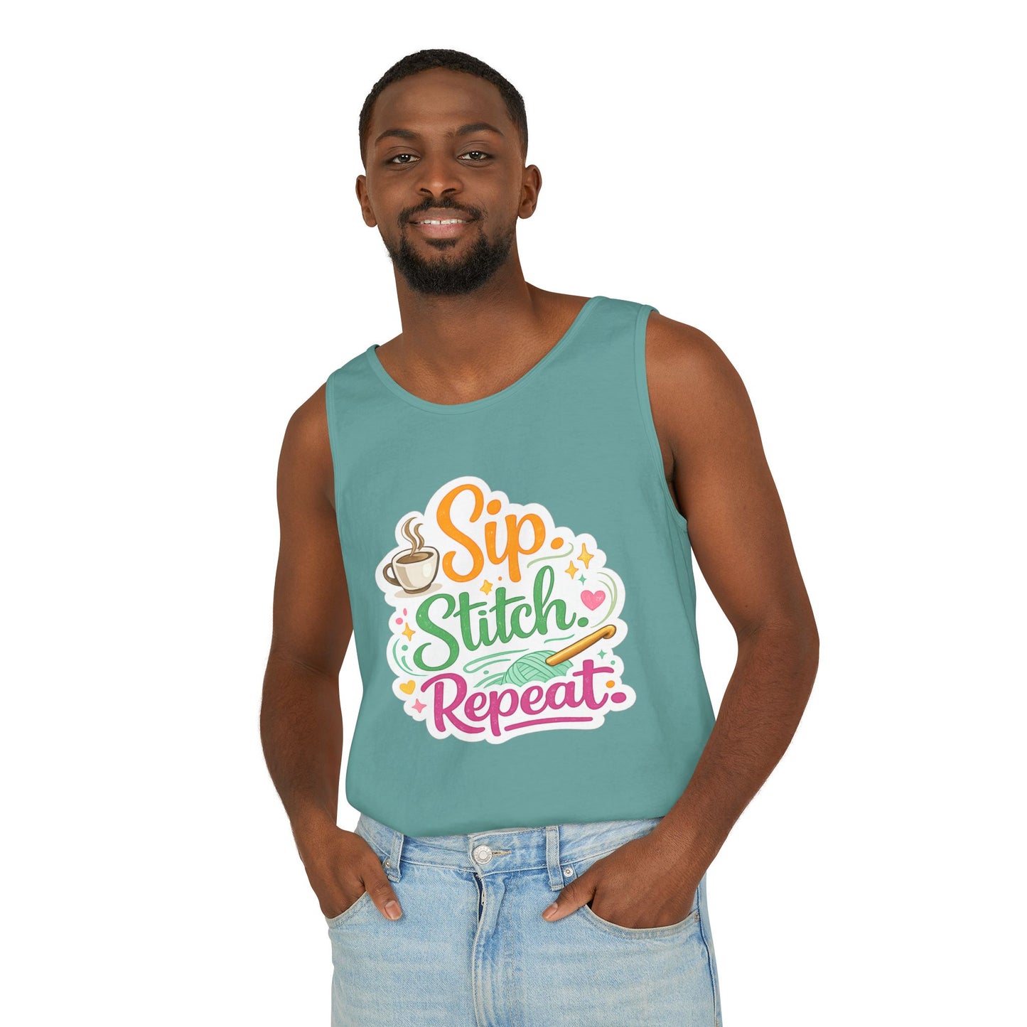 Sip. Stitch. Repeat.™ Tank Top – Crochet & Knitting Tank | Coffee Lover Craft Shirt