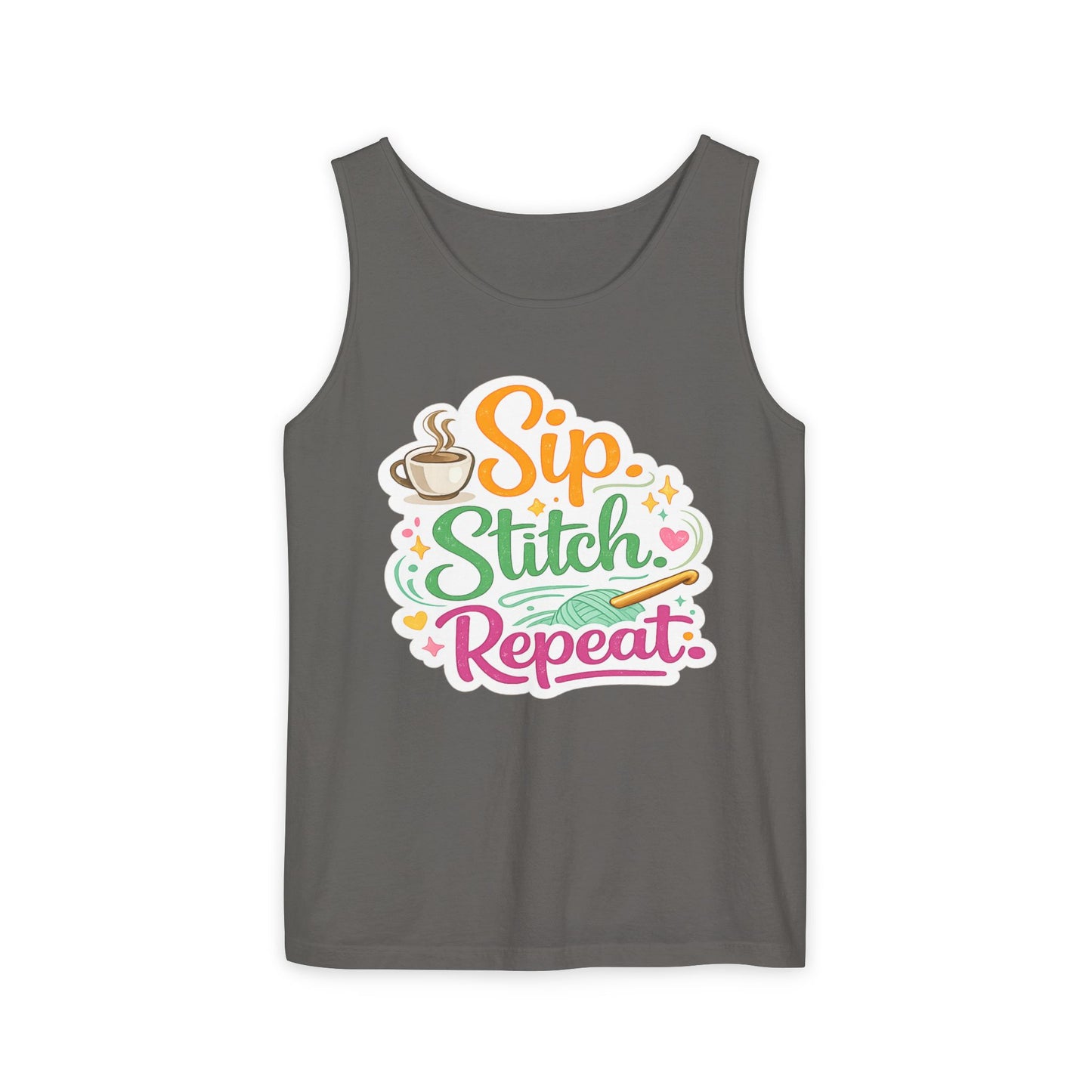 Sip. Stitch. Repeat.™ Tank Top – Crochet & Knitting Tank | Coffee Lover Craft Shirt
