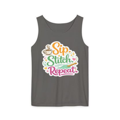 Sip. Stitch. Repeat.™ Tank Top – Crochet & Knitting Tank | Coffee Lover Craft Shirt
