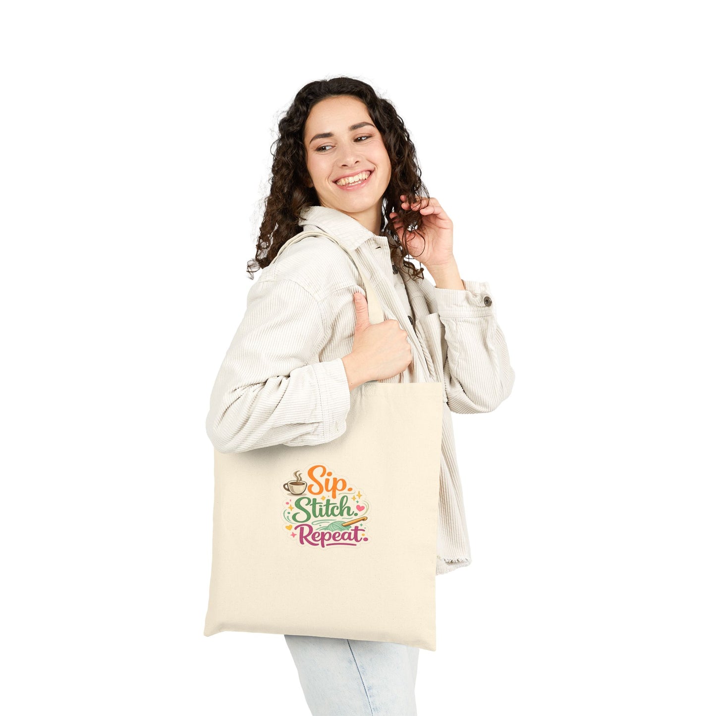 Sip .Stitch. Repeat.™ Canvas Tote Bag for Crochet Knitting Craft Project Bag
