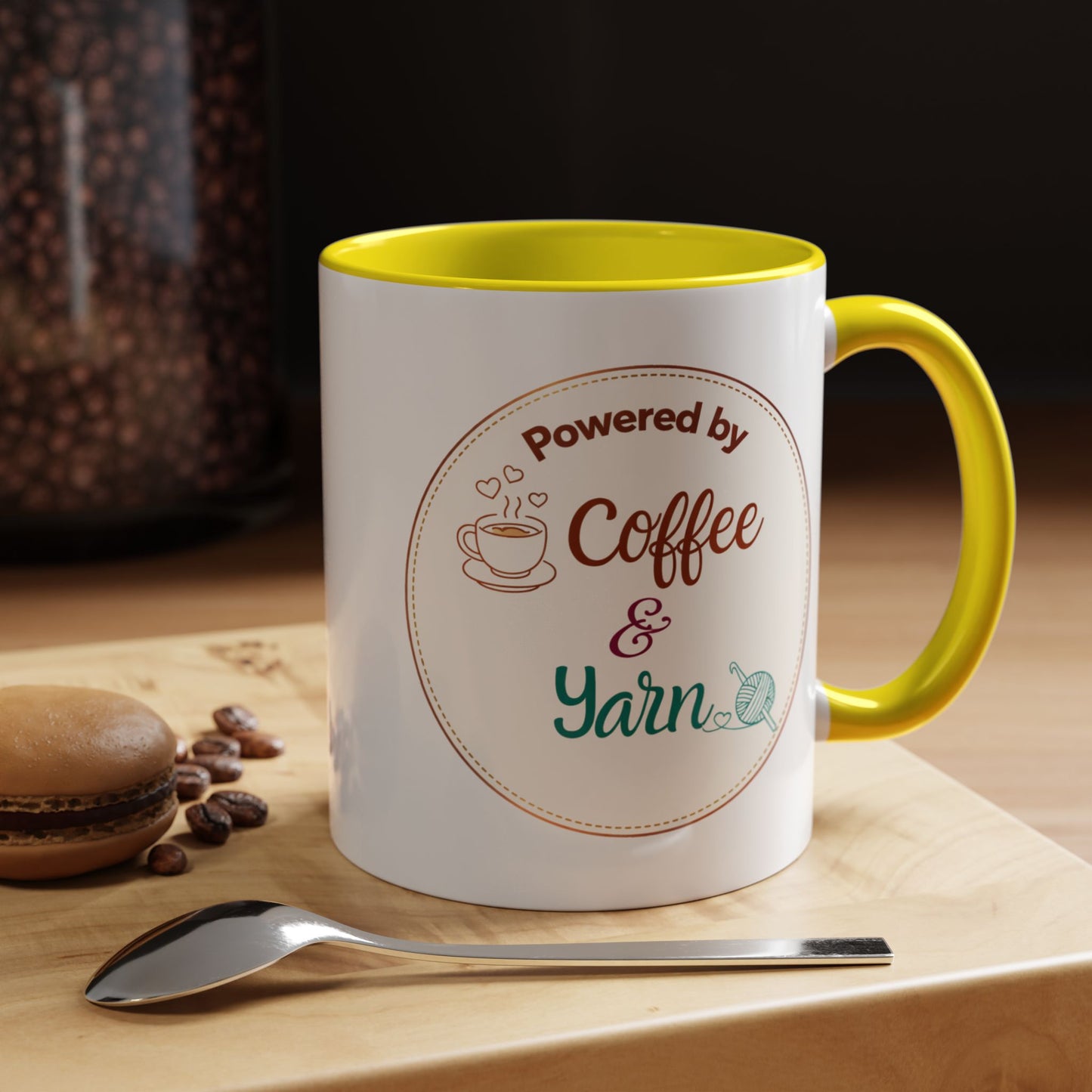 Left-Handed Coffee & Yarn Mug – “Powered by Coffee & Yarn” Accent Ceramic Mug for Crocheters & Knitters (11oz / 15oz)
