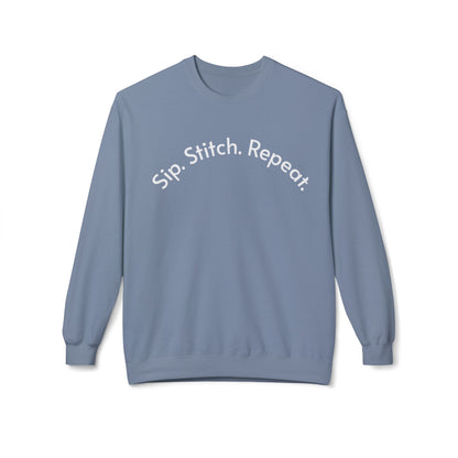 Sip Stitch Repeat™ Crochet & Knitting Sweatshirt – Brewed & Hooked Cozy Crewneck for Yarn Lovers, Coffee & Crochet Gift