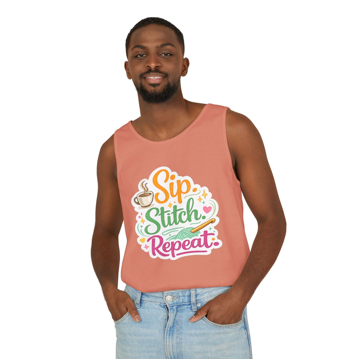 Sip. Stitch. Repeat.™ Tank Top – Crochet & Knitting Tank | Coffee Lover Craft Shirt