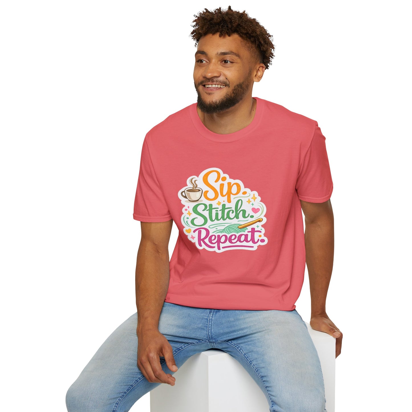 Sip. Stitch. Repeat.™ T-Shirt — Cute Crochet Knitting Crafter Tee