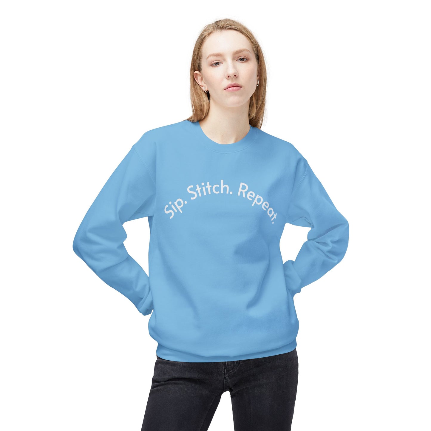 Sip Stitch Repeat™ Crochet & Knitting Sweatshirt – Brewed & Hooked Cozy Crewneck for Yarn Lovers, Coffee & Crochet Gift
