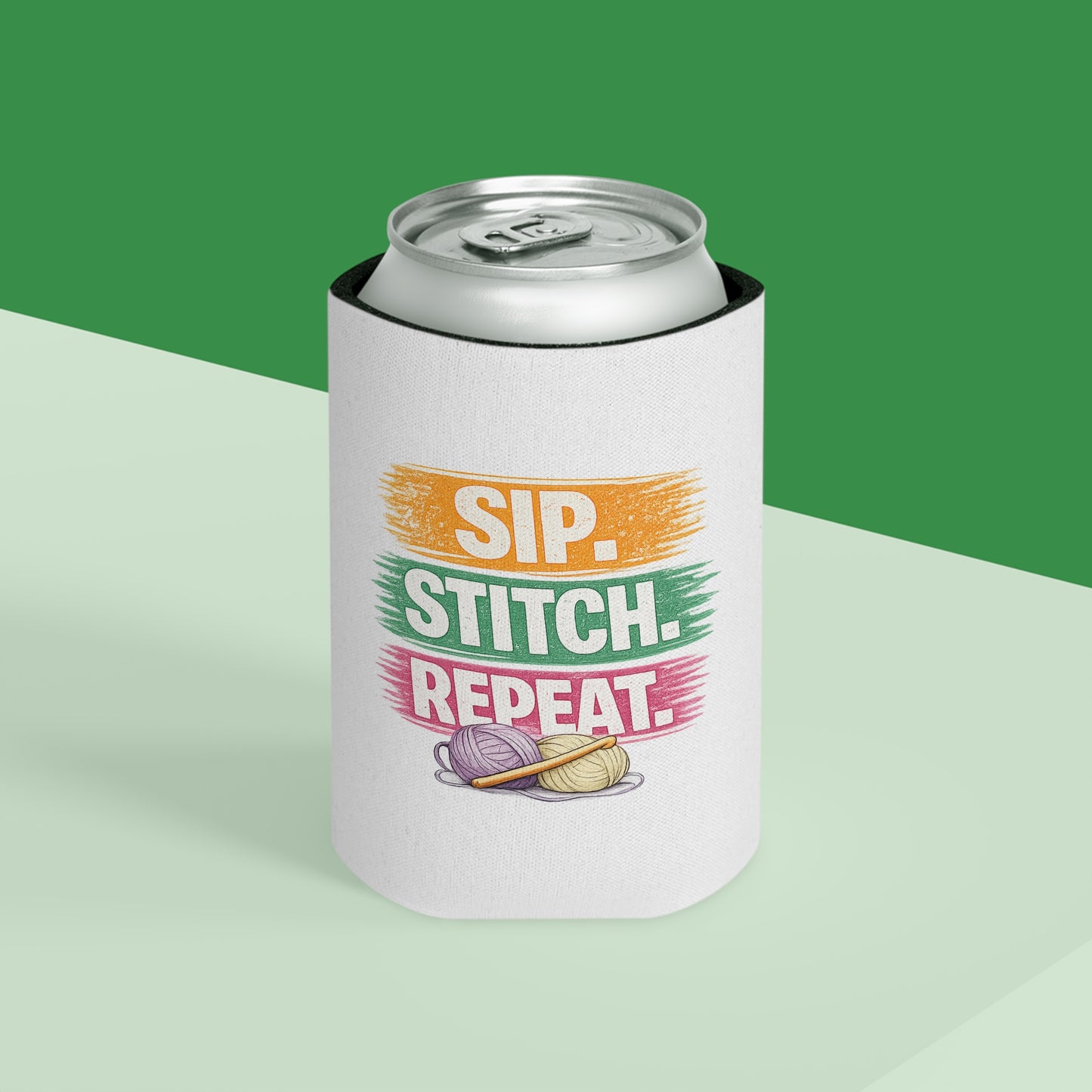 Sip Stitch Repeat™ Can Cooler – Crochet & Knitting Lover Drink Cozy for Craft Nights & Coffee Breaks