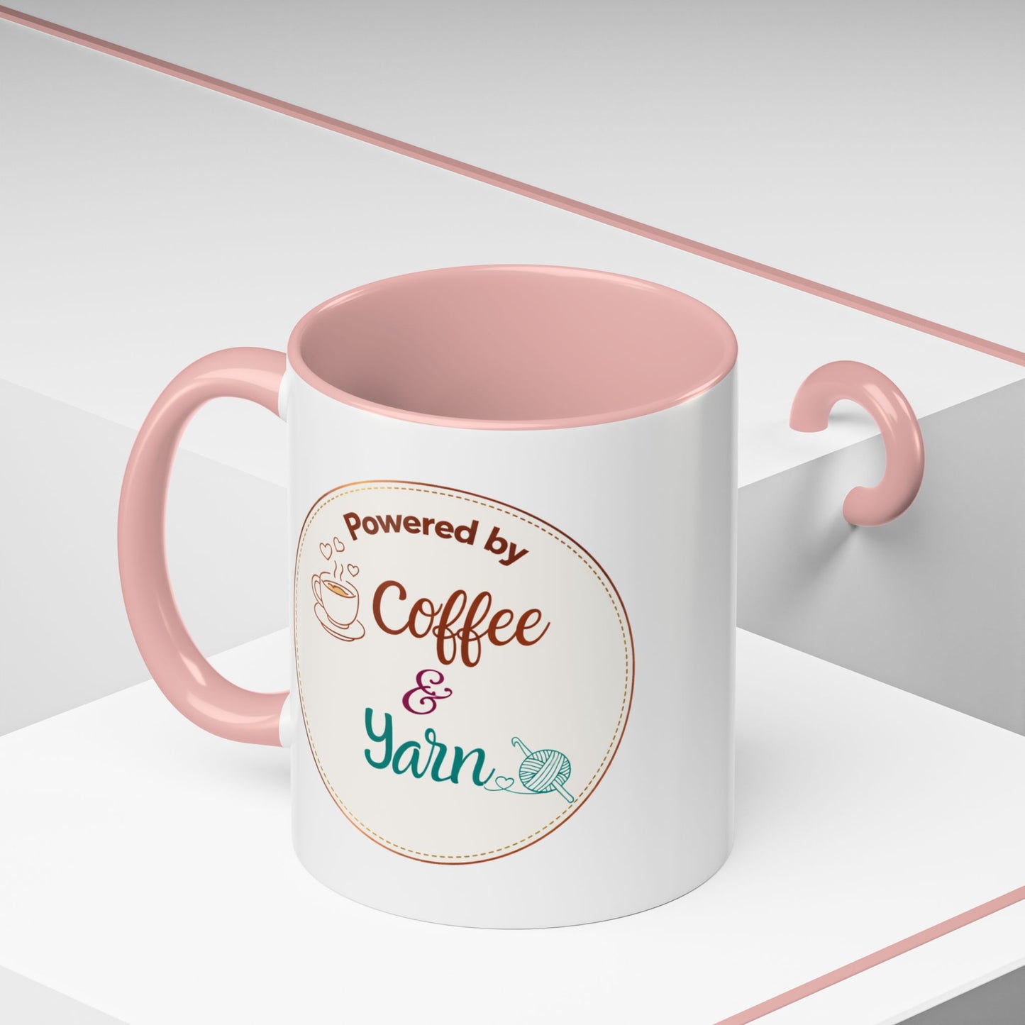 Right-Handed “Powered by Coffee & Yarn” Accent Mug – Crochet & Knitting Lover Coffee Cup, Crafter Gift, Dishwasher & Microwave Safe Ceramic Mug (11oz, 15oz)