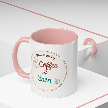 Right-Handed “Powered by Coffee & Yarn” Accent Mug – Crochet & Knitting Lover Coffee Cup, Crafter Gift, Dishwasher & Microwave Safe Ceramic Mug (11oz, 15oz)