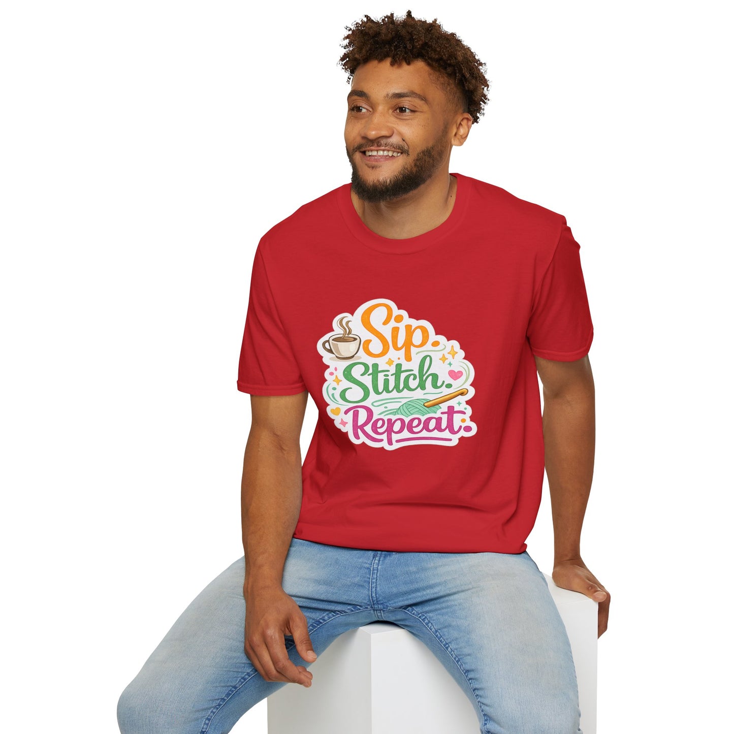 Sip. Stitch. Repeat.™ T-Shirt — Cute Crochet Knitting Crafter Tee