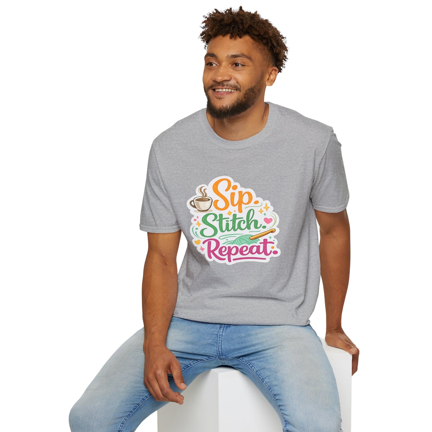 Sip. Stitch. Repeat.™ T-Shirt — Cute Crochet Knitting Crafter Tee