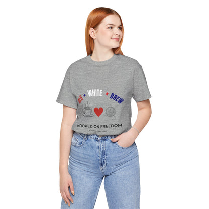 Red White Brew Tee | Hooked on Freedom Coffee & Yarn Shirt | Patriotic Crochet Lover T-Shirt | 4th of July Crafting Tee