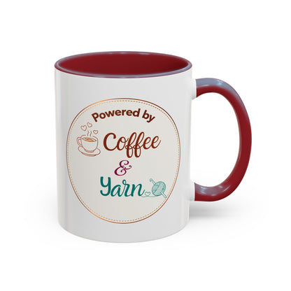 Left-Handed Coffee & Yarn Mug – “Powered by Coffee & Yarn” Accent Ceramic Mug for Crocheters & Knitters (11oz / 15oz)