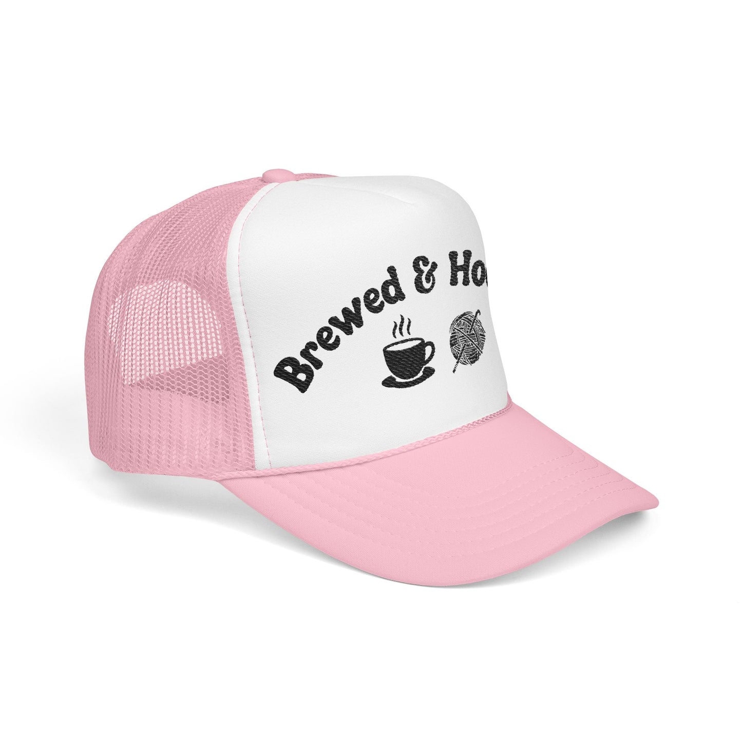Brewed & Hooked Trucker Hat – Coffee & Yarn Crochet & Knitting Cap | Coffee Lover Craft Snapback Hat