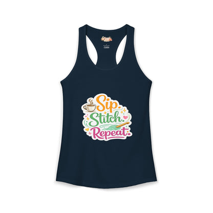 Sip. Stitch. Repeat.™ Racerback Tank – Crochet Lover Coffee Craft Tank Top | Cozy Yarn Lover Gift